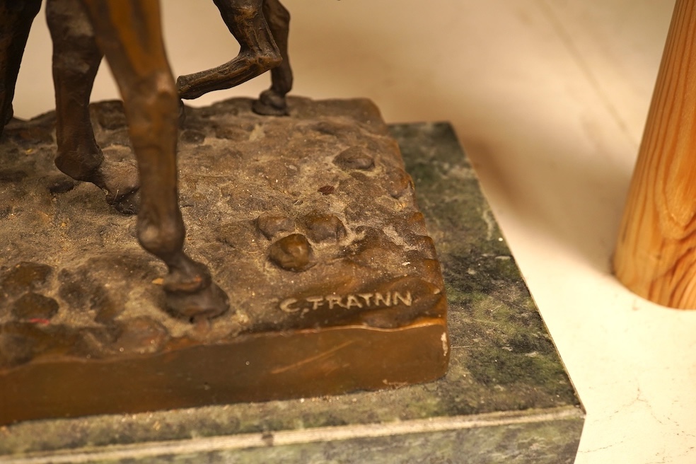 After C. Fratin, bronze study of a horse and foal, signed, on marble plinth, 29cm wide